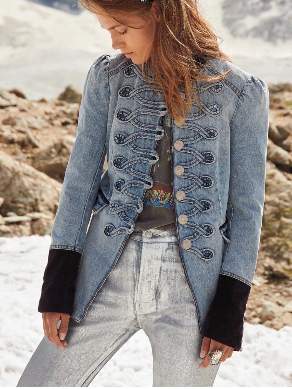 Free People Denim Seamed Structured Jacket Med Military Utility Whimsigoth NWT